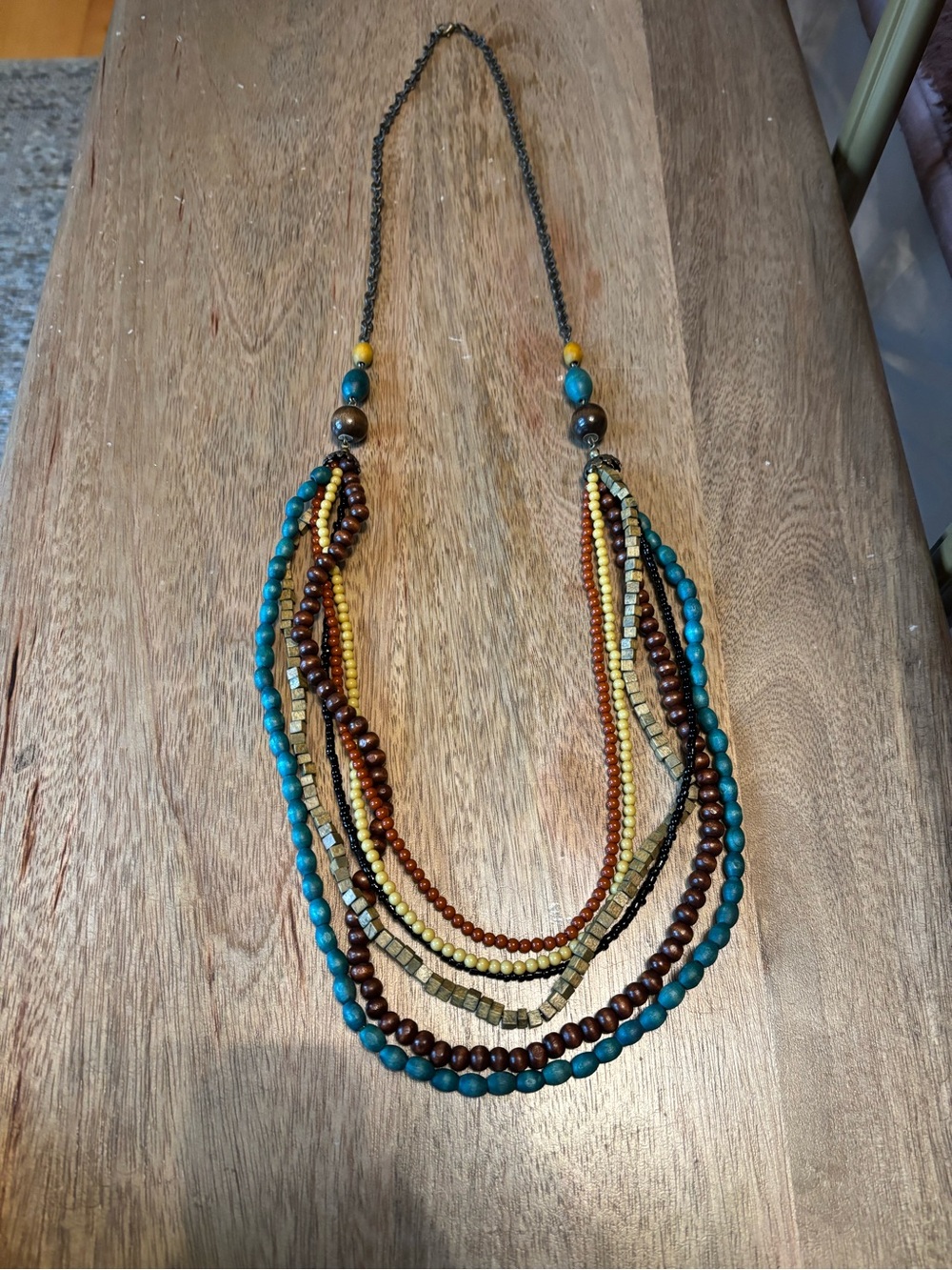 Multi-Strand Beaded Necklace — Teal, Brown & Yellow Accent